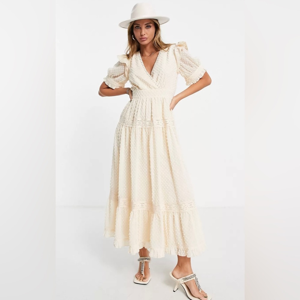 ASOS DESIGN Wrap Front Lace Insert Textured Midi Tea Dress Cream US 6 NWT